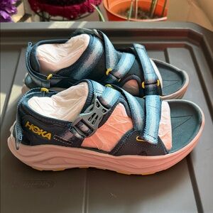 Hoka Teal and Yellow Sandals